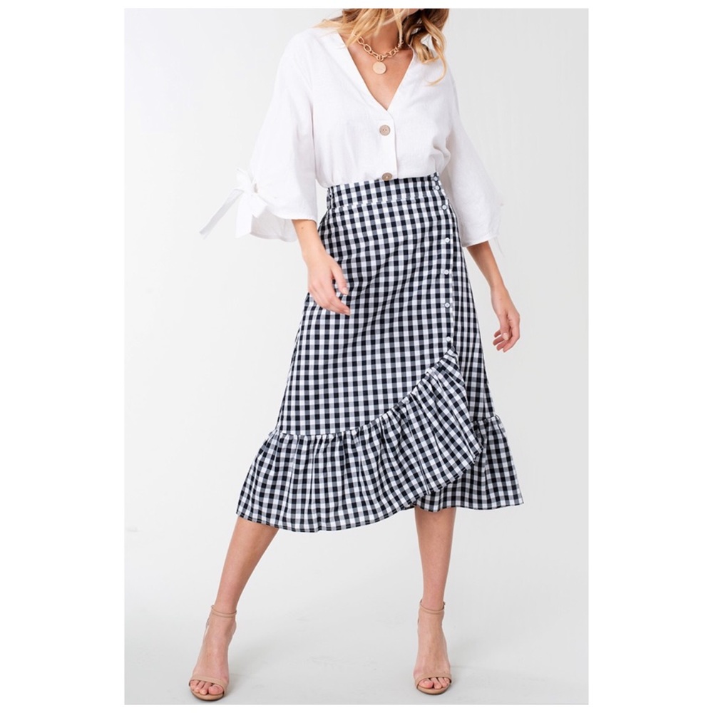 ✅ Gingham Checker Frill Button Down Midi Skirt